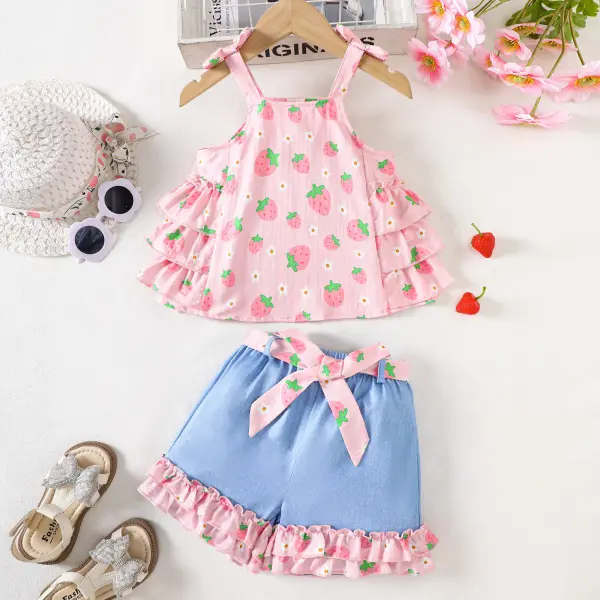 【1Y-6Y】2-piece Girls Sweet Strawberry Print Tank Top Lace-up Faux Denim Shorts Set - Popopieshop.com 