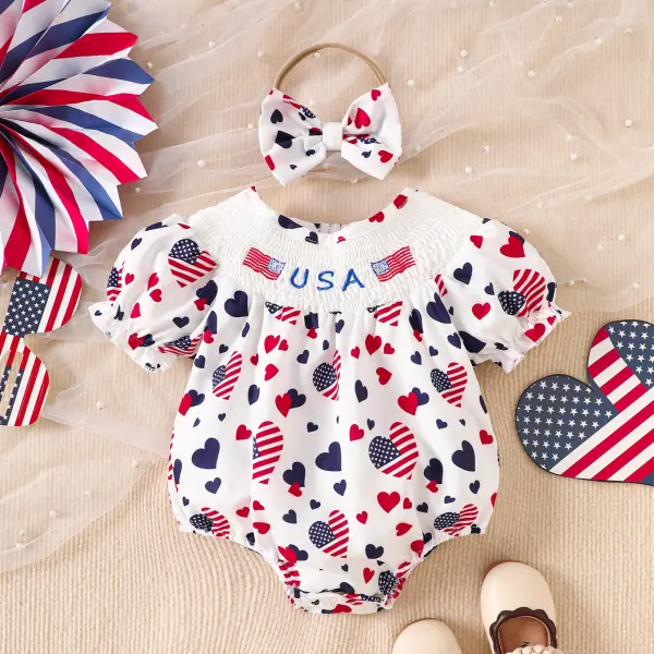 【0M-18M】Baby Girl Independence Day Sweet Letter Embroidery Heart Print Short Sleeve Romper - Popopieshop.com 