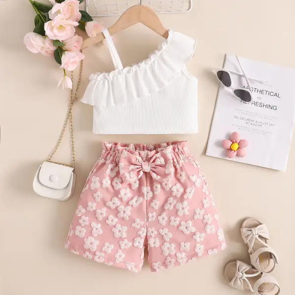 【12M-5Y】2-piece Girls Sweet Ruffled Camisole Pink Printed Shorts Two-piece Set - Popopieshop.com 