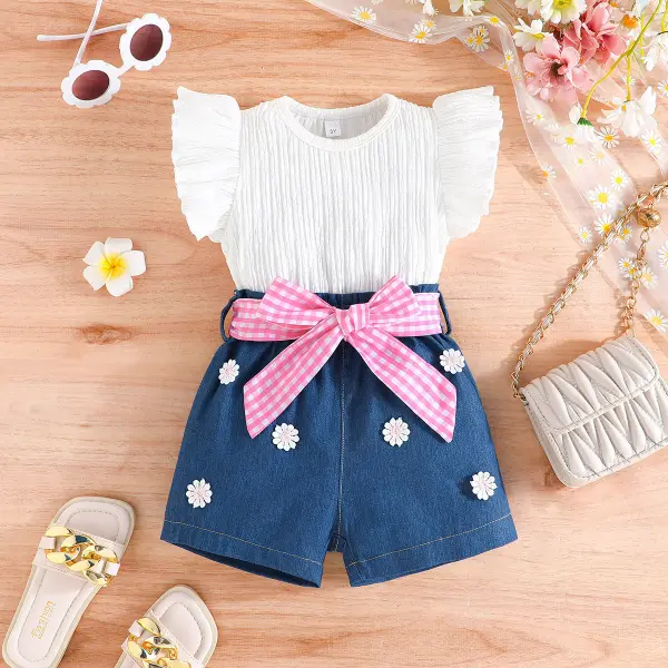 【3Y-9Y】2-piece Girls Pink Plaid Bow Flower Embroidered Set - Popopieshop.com 
