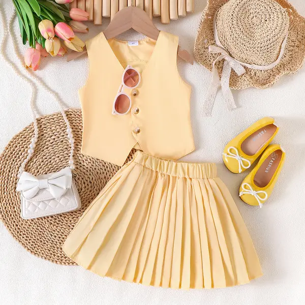 【2Y-7Y】2-piece Solid Color V-neck Sleeveless Vest And Pleated Skirt Set - Popopieshop.com 