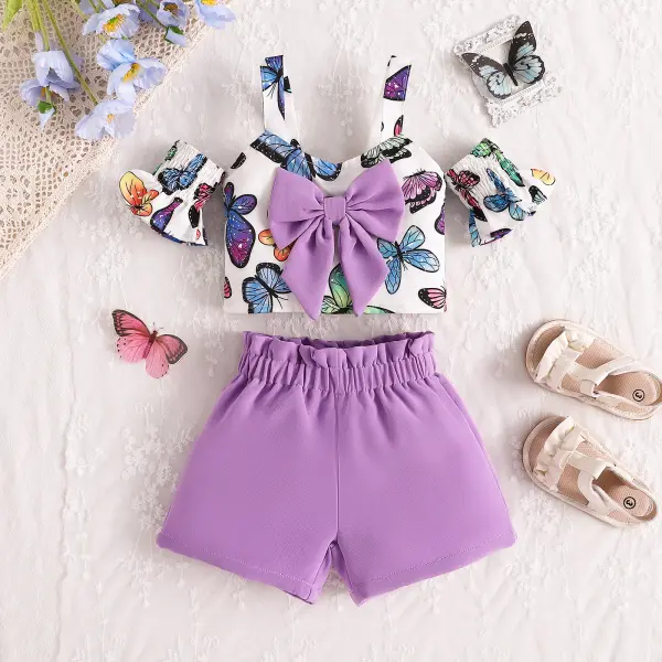 【6M-4Y】2-piece Girls Sweet Butterfly Print Suspender Top And Shorts Set - Popopieshop.com 
