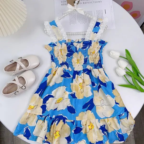 【18M-9Y】Girls Lace Stitching Flower Print Suspender Dress - Popopieshop.com 