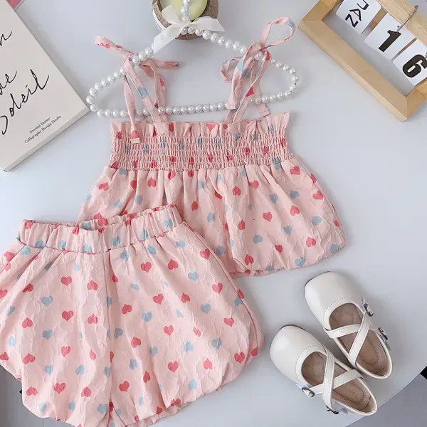 【12M-5Y】2-piece Girls Sweet Heart Print Top And Shorts Set - Popopieshop.com 