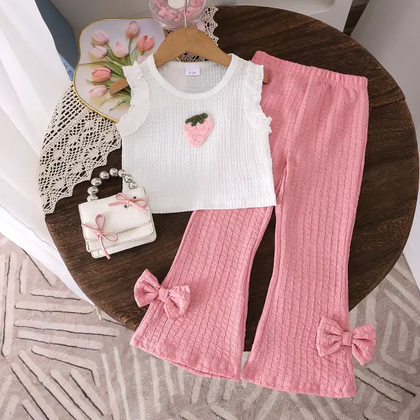 【2Y-7Y】2-piece Girls Strawberry Pattern Beige Vest And Pink Pants Set - Popopieshop.com 
