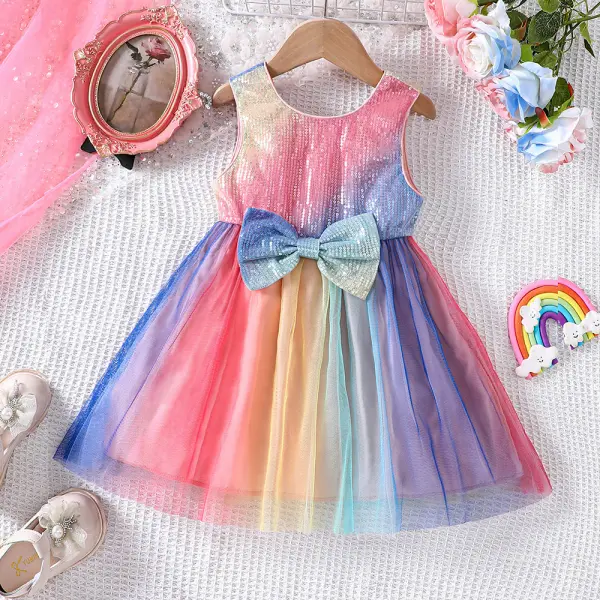 【2Y-7Y】Girls Rainbow Bow Sequin Princess Dress - Popopieshop.com 