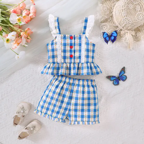 【2Y-7Y】2-piece Girls Lace Blue Plaid Suspenders And Shorts Set - Popopieshop.com 