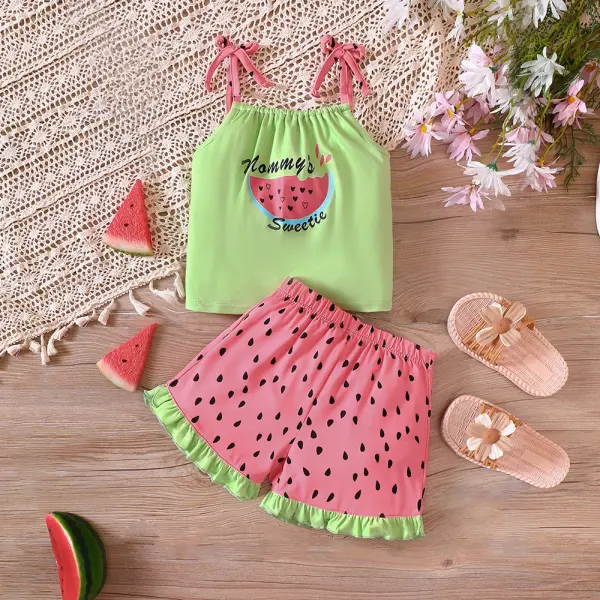 【2Y-7Y】2-piece Girls Watermelon Print Suspender Shorts Set - Popopieshop.com 