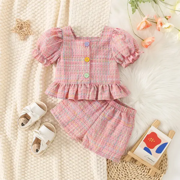 【3M-3Y】3-piece Girls Plaid Ruffle Puff Sleeves Top And Shorts Set - Popopieshop.com 
