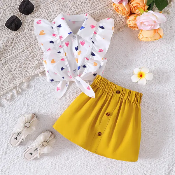 【2Y-7Y】2-piece Girls Cute Heart Print Shirt Skirt Set - Popopieshop.com 