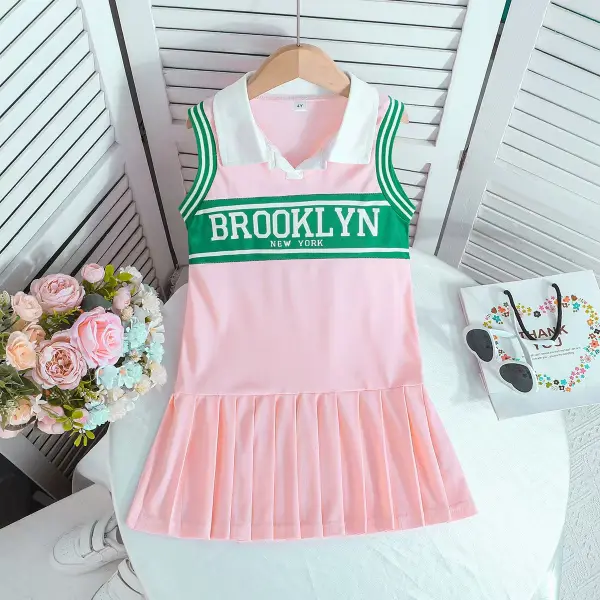 【3Y-8Y】Girls Brooklyn Letter Print Pink Pleated Dress - Popopieshop.com 
