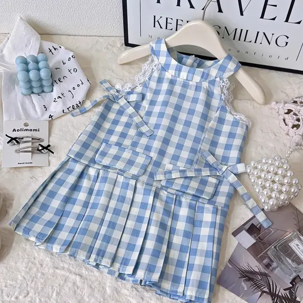 【18M-9Y】Girls Plaid Bow Decorated Vest Dress - Popopieshop.com 