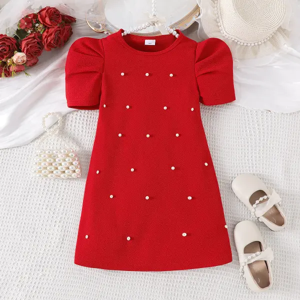 【3Y-7Y】Girls Red Pearl Beaded Short Sleeve Dress - Popopieshop.com 