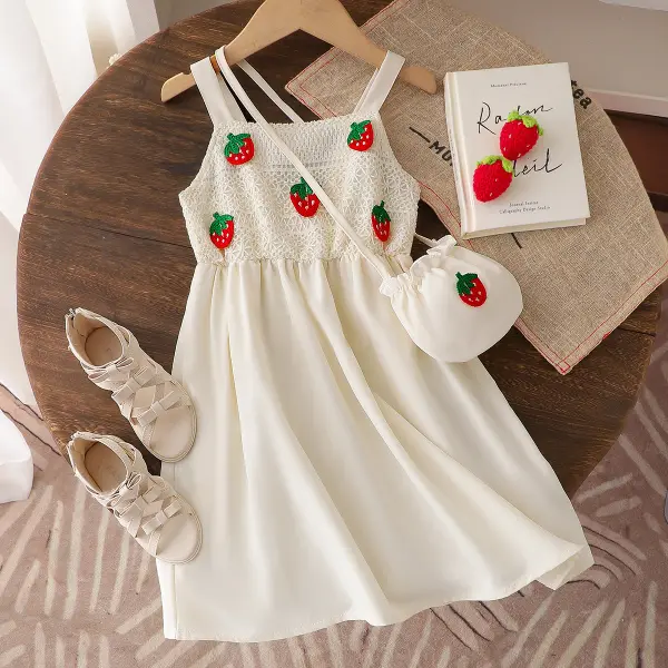 【3Y-7Y】Girls Strawberry Embroidered Sleeveless Dress And Bag - Popopieshop.com 