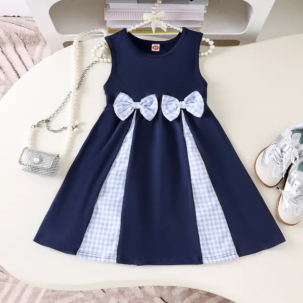 【2Y-7Y】Girls Bowknot Plaid Sleeveless Dress - Popopieshop.com 