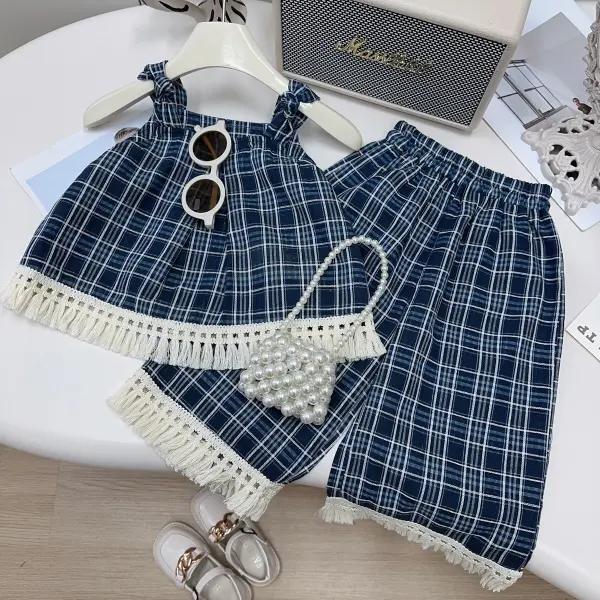 【18M-9Y】2-piece Girls Blue Plaid Tassel Stitching Set - Popopieshop.com 