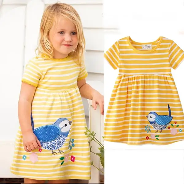 【1Y-7Y】Girls Bird Embroidery Yellow Striped Short Sleeve Dress - Popopieshop.com 