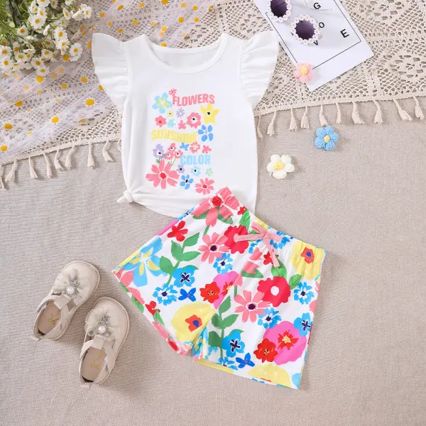 【2Y-7Y】2-piece Girls Cute Floral Print T-shirt And Shorts Set - Popopieshop.com 