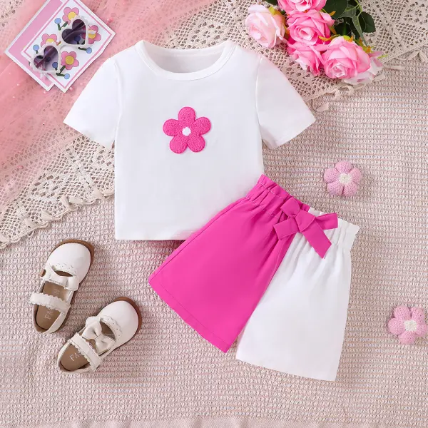 【2Y-7Y】2-piece Girls Sweet Flower Embroidered T-shirt And Shorts Set - Popopieshop.com 