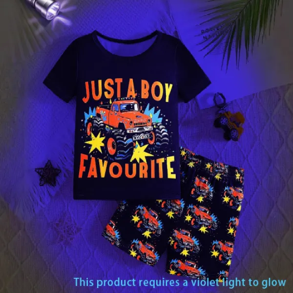 【2Y-7Y】2-piece Boys Cute Luminous Letter And Car Print Set - Popopieshop.com 