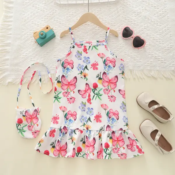 【18M-7Y】Girls Butterfly And Flower Print Halter Neck Dress With Bag - Popopieshop.com 