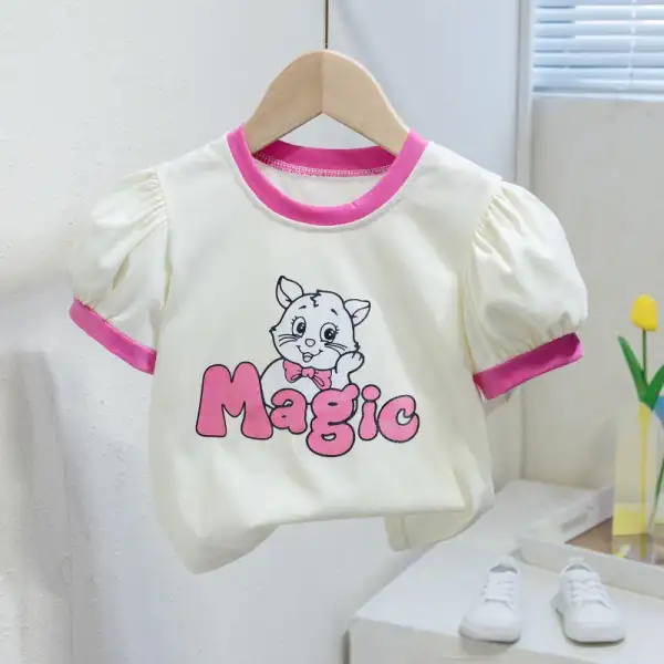 【12M-7Y】 Girls Cat Print Puff Sleeve Shirt - Popopieshop.com 