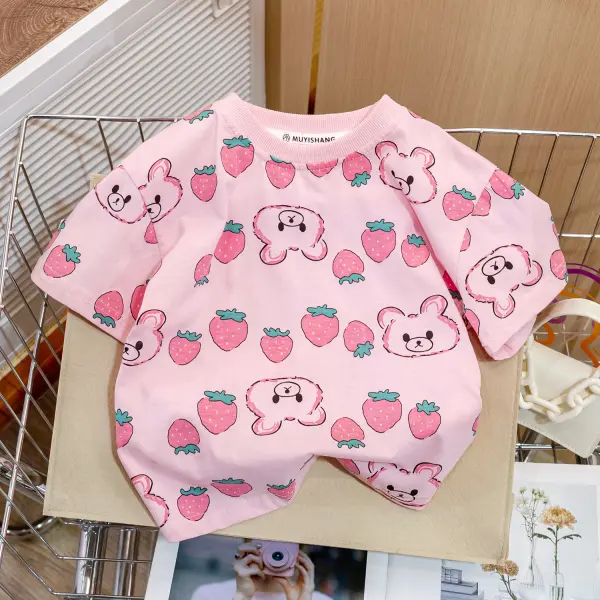 【12M-7Y】Girls Pink Strawberry Bear Print T-shirt - Popopieshop.com 