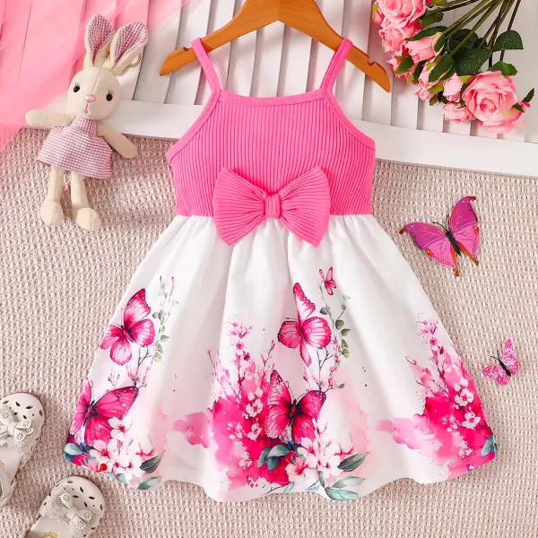 【2Y-11Y】Girls Pink Butterfly And Flower Print Suspender Dress - Popopieshop.com 