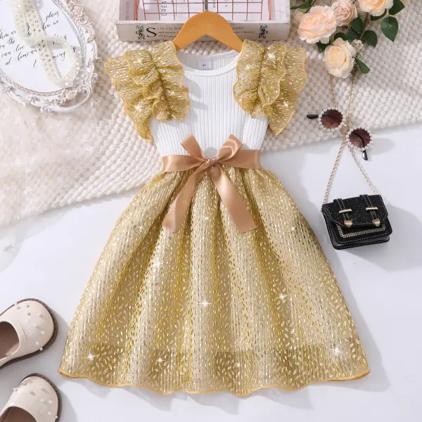 【3Y-7Y】Girls Ruffle Sleeve Patchwork Dress - Popopieshop.com 