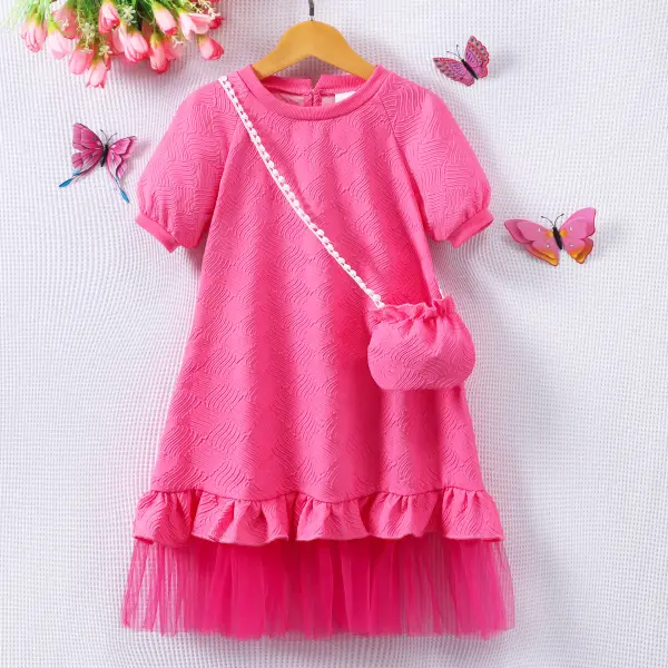 【2Y-7Y】Girls Solid Color Mesh Stitching Dress With Bag - Popopieshop.com 