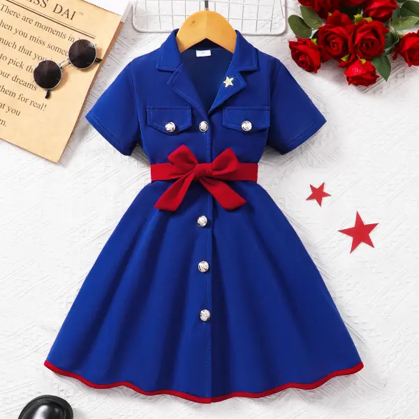 【2Y-7Y】Girls Short-sleeved Lapel Solid Color Dress With Belt - Popopieshop.com 