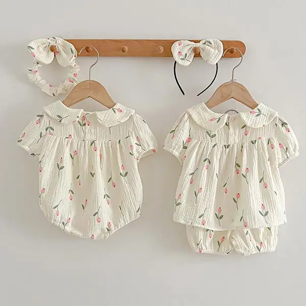 【12M-5Y】Girls Tulip Print Cotton And Linen Set And Romper Sisters Matching Outfits - Popopieshop.com 