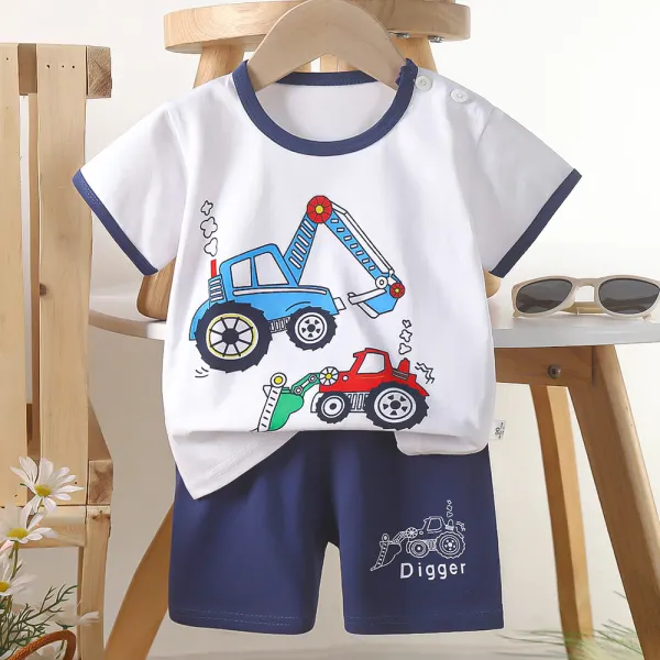【9M-6Y】2-piece Boys Cotton Multicolor Cartoon Print Short Sleeve T-shirt And Shorts Set - Thepopopie.com 