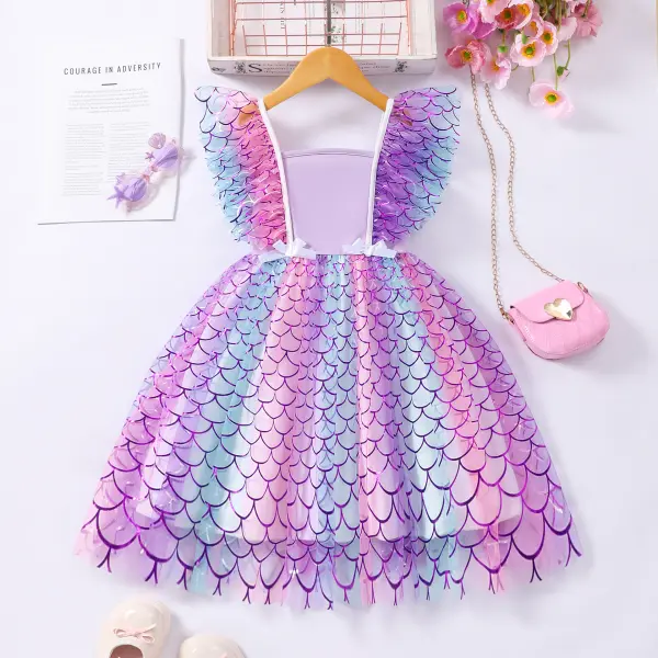 【2Y-7Y】Girls Sleeveless Bow Fish Scale Mesh Dress - Popopieshop.com 