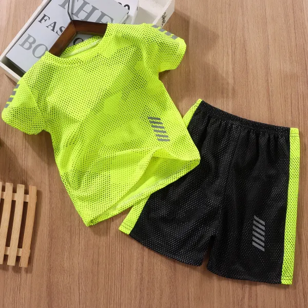 【18M-15Y】2-piece Boys Casual Stripe Print Quick Dry T-shirt And Shorts Set - Popopie.com 