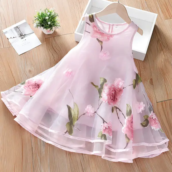Shop girls fresh sweet flowers full print sleeveless mesh dress online at popopieshop.com. 