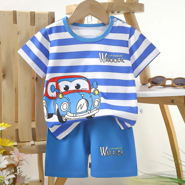 【9M-6Y】2-piece Boys Cotton Multicolor Cartoon Print Short Sleeve T-shirt And Shorts Set - Thepopopie.com 