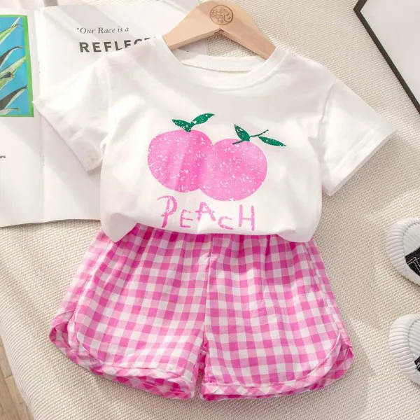 【12M-7Y】2-piece Girls Fruit Print Short-sleeved T-shirt And Plaid Shorts Set - 34358 - Thepopopie.com 