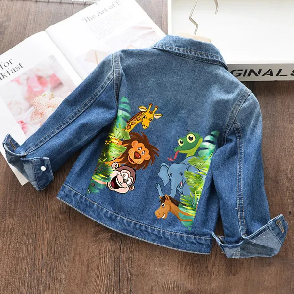 【18M-11Y】Kids Casual Giraffe And Elephant Cartoon Animal Print Blue Denim Jacket - 4130 - Thepopopie.com 
