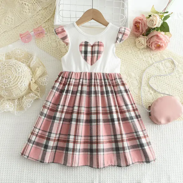 【2Y-7Y】Girls Heart Plaid Print Spliced ​​Dress - Popopieshop.com 