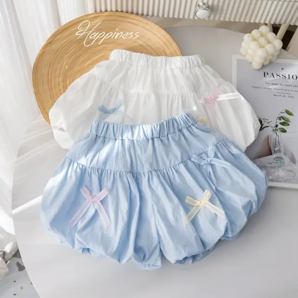 【18M-7Y】Girls Solid Color Bow Bud Shorts - Popopieshop.com 
