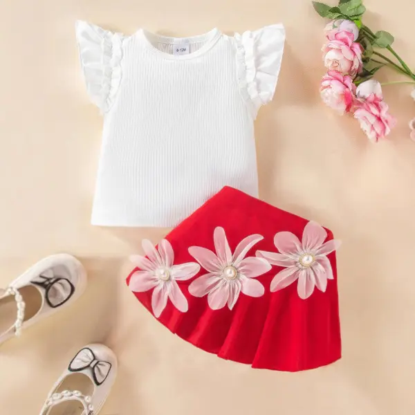 【12M-5Y】2-piece Girls 3D Flower Ruffle Top And Shorts Set - Popopieshop.com 