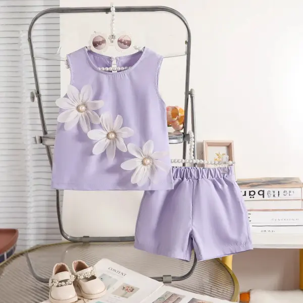 【1Y-6Y】2-piece Girls Purple 3D Flower Tank Top And Shorts Set - Popopieshop.com 