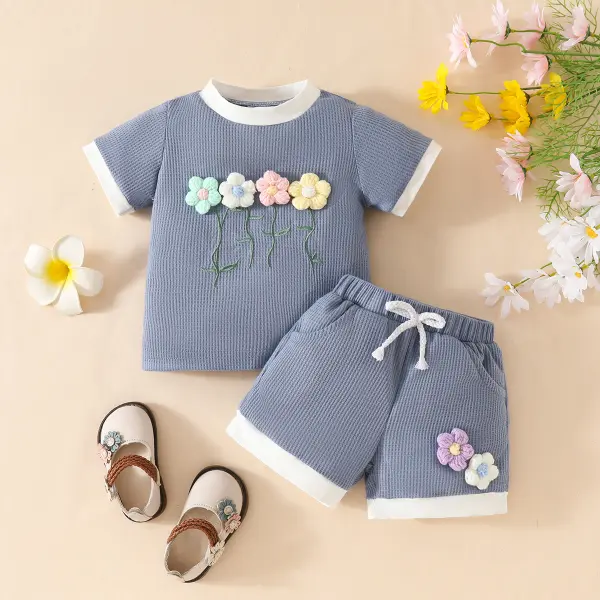 【9M-4Y】2-piece Girls Waffle Round Neck 3D Flowers Tops And Shorts Set - Popopieshop.com 