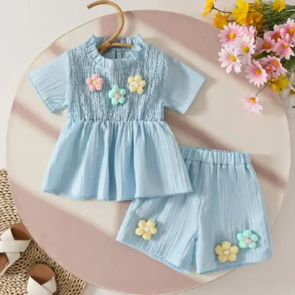 【9M-4Y】2-piece Girls Floral Short Sleeve Top And Shorts Set - Popopieshop.com 