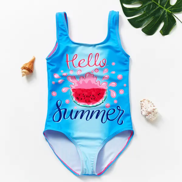 【2Y-11Y】Girls Blue Watermelon Letters Printed One-piece Swimsuit - Popopieshop.com 