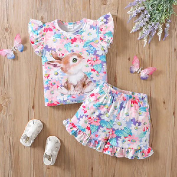 【18M-6Y】2-piece Girls Bunny Flower Print T-shirt And Shorts Set - Popopieshop.com 