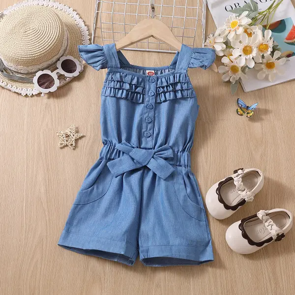 【12M-7Y】Girls Fly Sleeve Bow Denim Jumpsuit - Popopieshop.com 