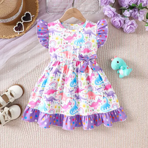 【18M-8Y】Girls Colorful Dinosaur Print Flying Sleeve Dress - Popopieshop.com 