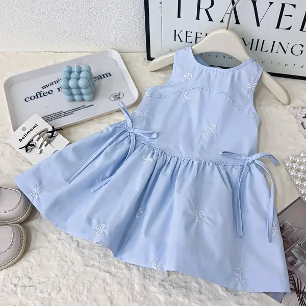 【18M-7Y】Girls Bow Embroidered Sleeveless Dress - Popopieshop.com 